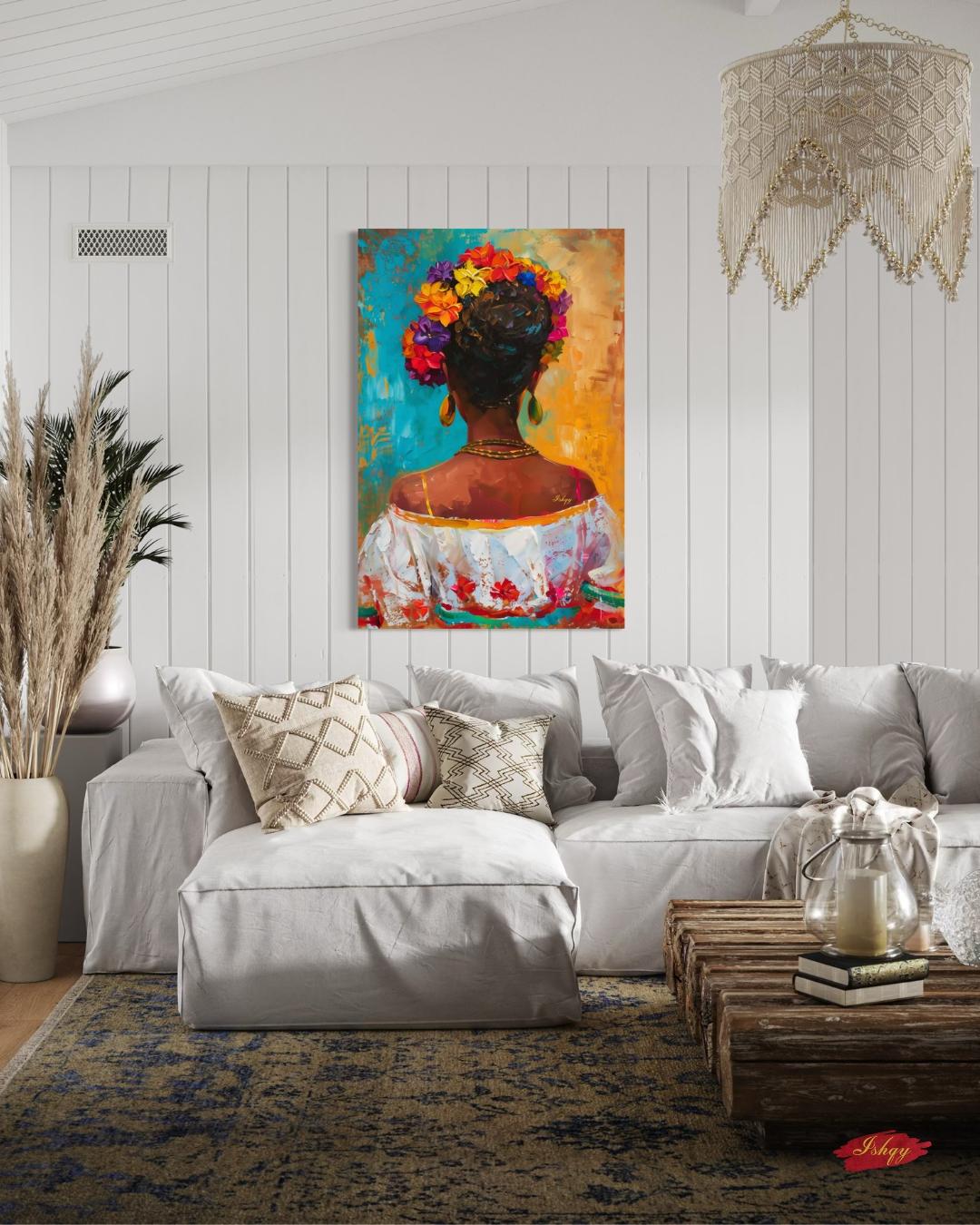 Brazilian Woman Floral Portrait Wall Art Print, Canvas, Framed Canvas, Colorful Tropical Boho Home Decor for Living Room and Bedroom