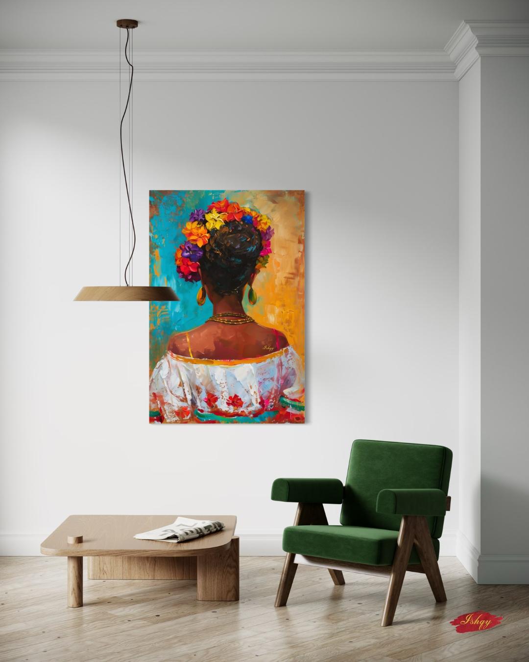 Brazilian Woman Floral Portrait Wall Art Print, Canvas, Framed Canvas, Colorful Tropical Boho Home Decor for Living Room and Bedroom