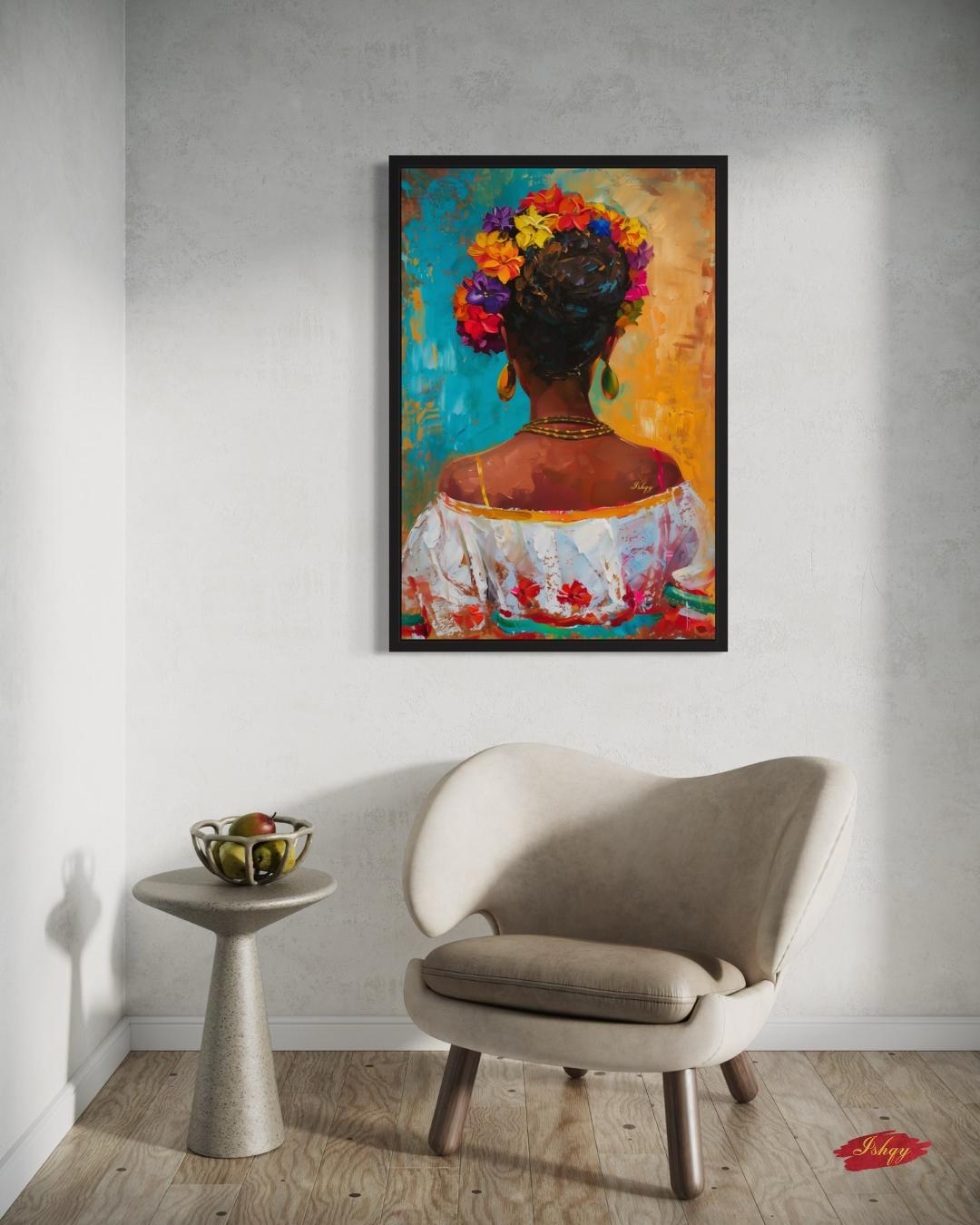 Brazilian Woman Floral Portrait Wall Art Print, Canvas, Framed Canvas, Colorful Tropical Boho Home Decor for Living Room and Bedroom