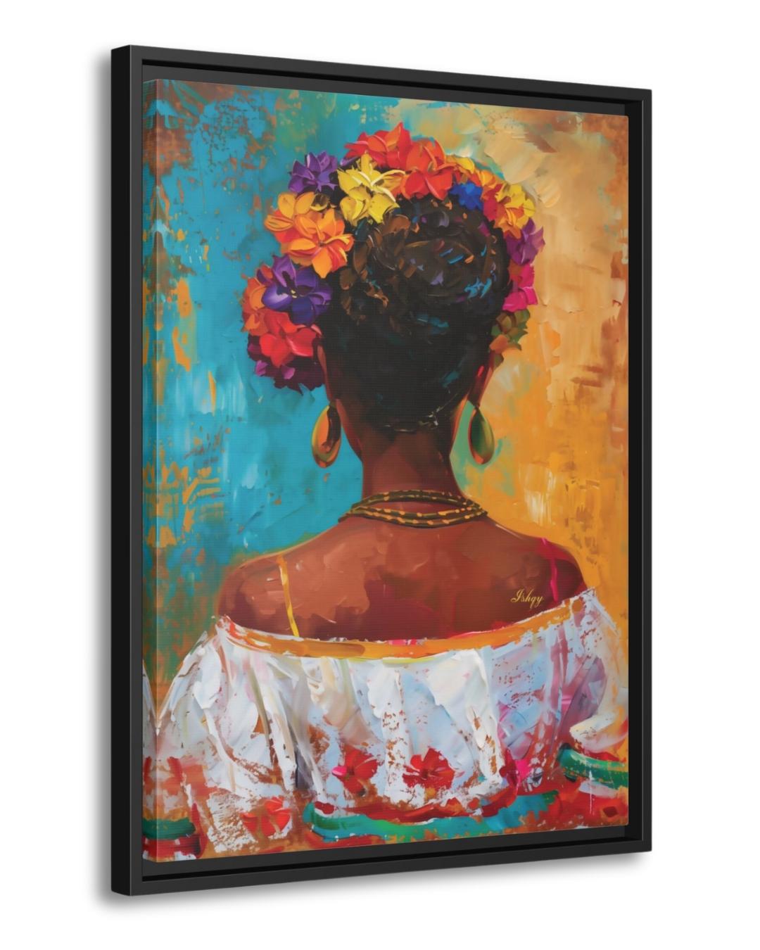 Brazilian Woman Floral Portrait Wall Art Print, Canvas, Framed Canvas, Colorful Tropical Boho Home Decor for Living Room and Bedroom