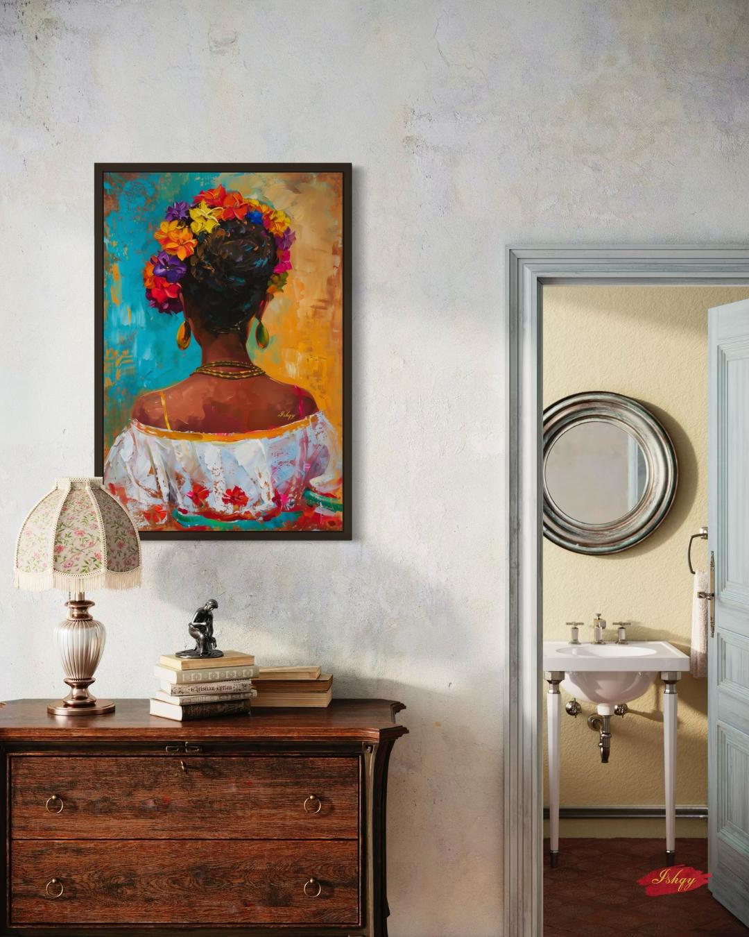 Brazilian Woman Floral Portrait Wall Art Print, Canvas, Framed Canvas, Colorful Tropical Boho Home Decor for Living Room and Bedroom