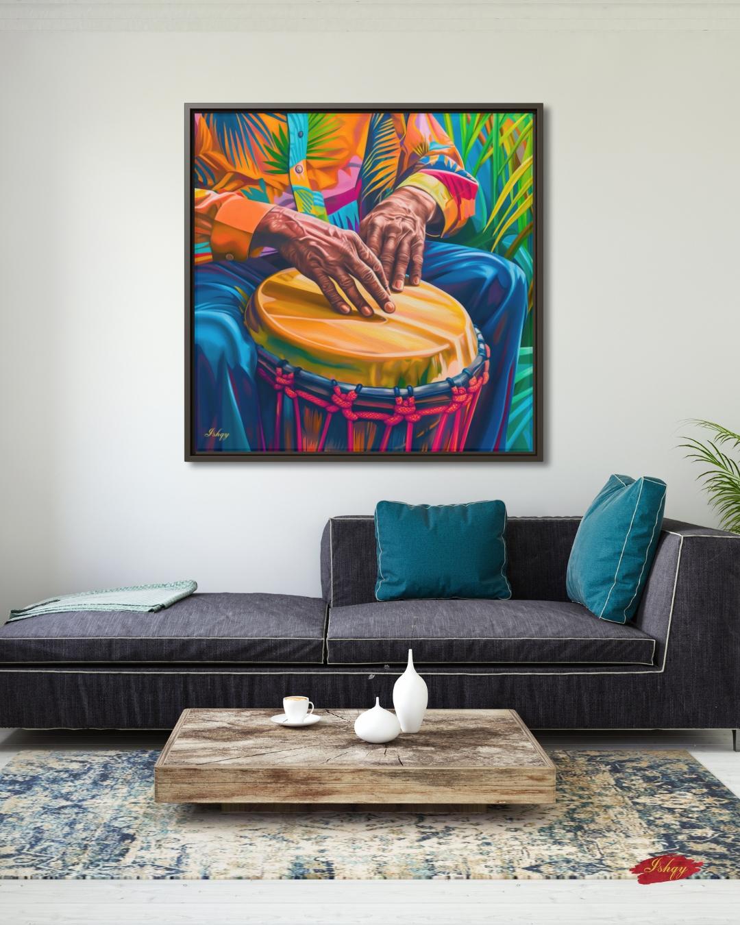 Garifuna Conga Drummer Painting Print on Canvas & Framed Canvas Afro-Caribbean Wall Art, Colorful Percussion Home Decor Art Print