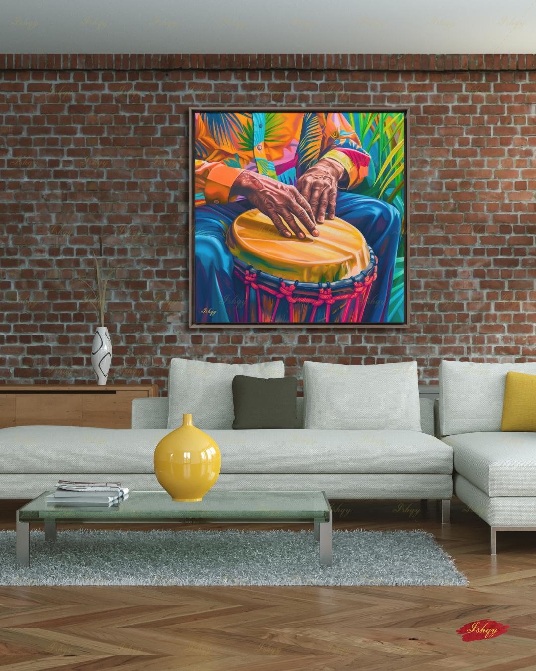 Garifuna Drummer Canvas Wall Art, Punta Drum Painting, Afro Caribbean Music Framed Canvas Print, Honduras Belize Culture, Music Room Decor
