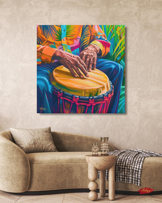 Garifuna Conga Drummer Painting Print on Canvas & Framed Canvas Afro-Caribbean Wall Art, Colorful Percussion Home Decor Art Print