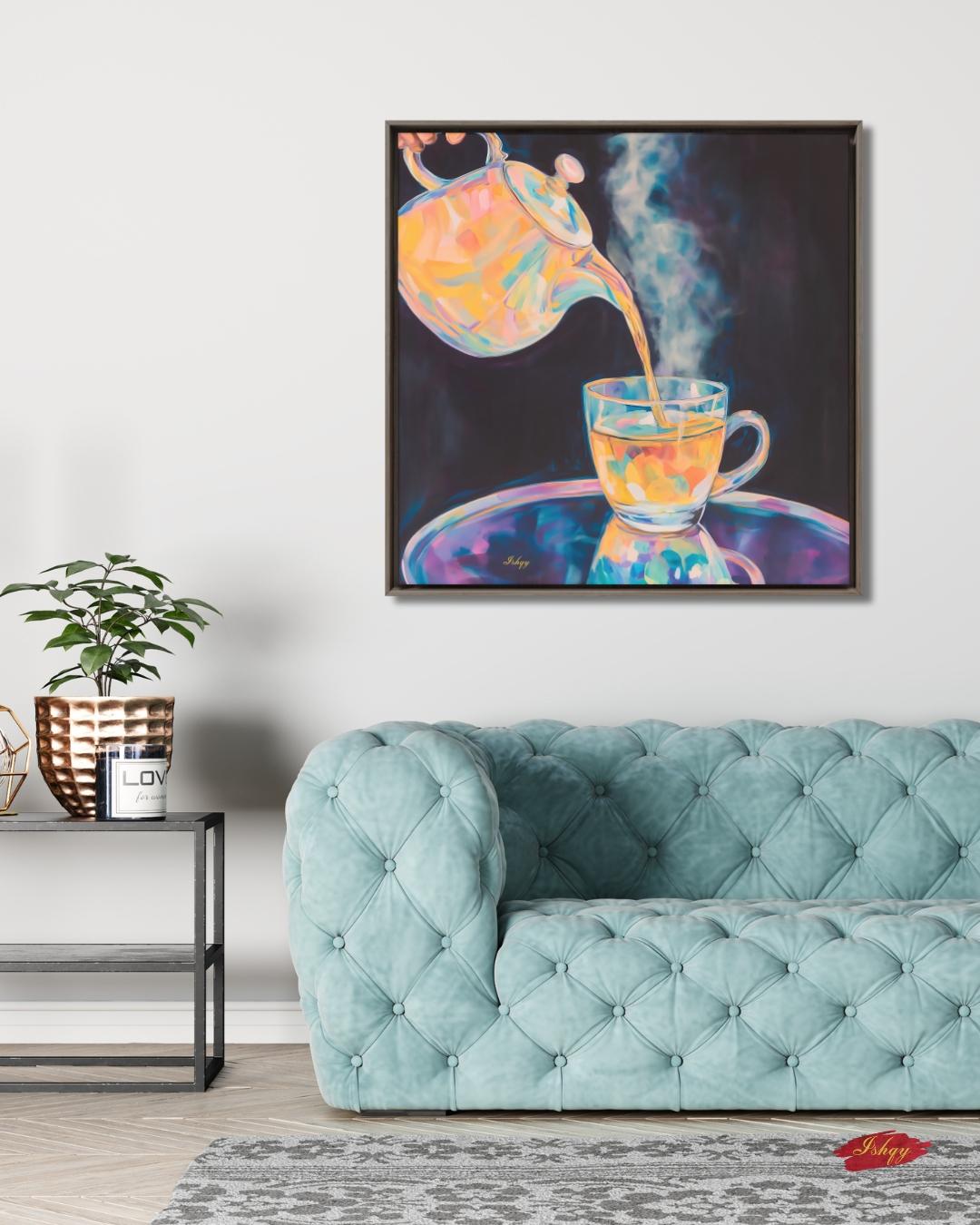 Colorful Steaming Tea Pour Painting Print, Vibrant Teapot Kitchen Wall Art, Modern Tea Lovers Canvas Cozy Café Decor Bold Drink Artwork Gift