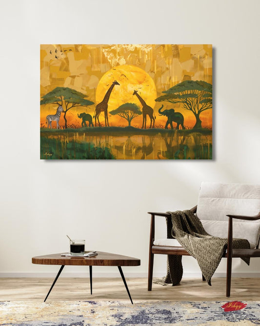 African Safari Wall Art, Serengeti Sunset Canvas Print with Giraffes Elephants and Zebras, Boho Wildlife Decor for Living Room