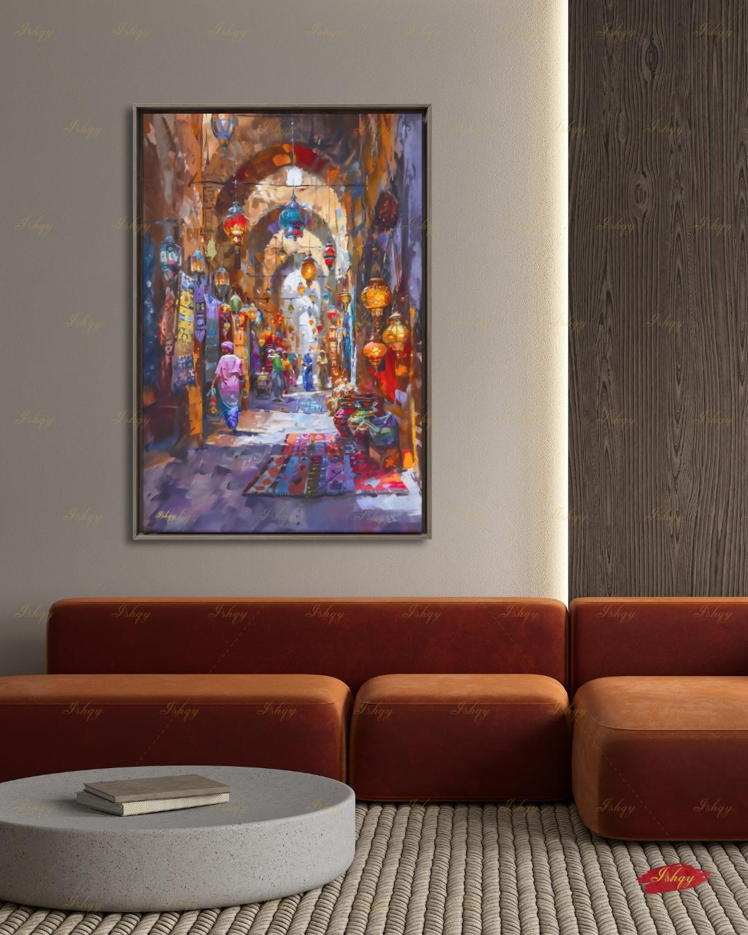 Moroccan Wall Art Canvas Print, Marrakesh Souk Lantern Alley, Market Street Painting, Boho Home Decor, Framed Canvas, Colorful Medina Art UK