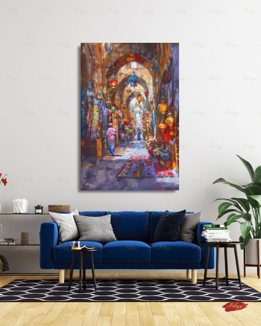 Moroccan Wall Art Canvas Print, Marrakesh Souk Lantern Alley, Market Street Painting, Boho Home Decor, Framed Canvas, Colorful Medina Art UK