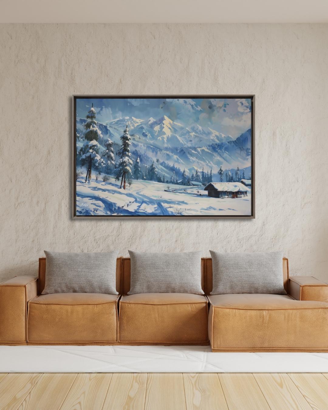 Gulmarg Kashmir Winter Landscape Canvas, Snowy Mountain Painting, Alpine Wall Art, Himalayan Decor, Nature Home Art