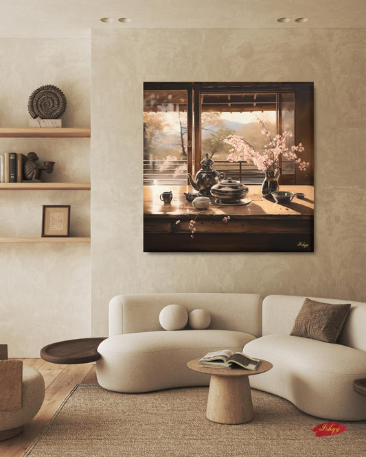 Oversized Japanese Tea Room Canvas Wall Art, Wabi Sabi Framed Canvas Print, Extra Large Japandi Cherry Blossom Still Life, Apartment Decor
