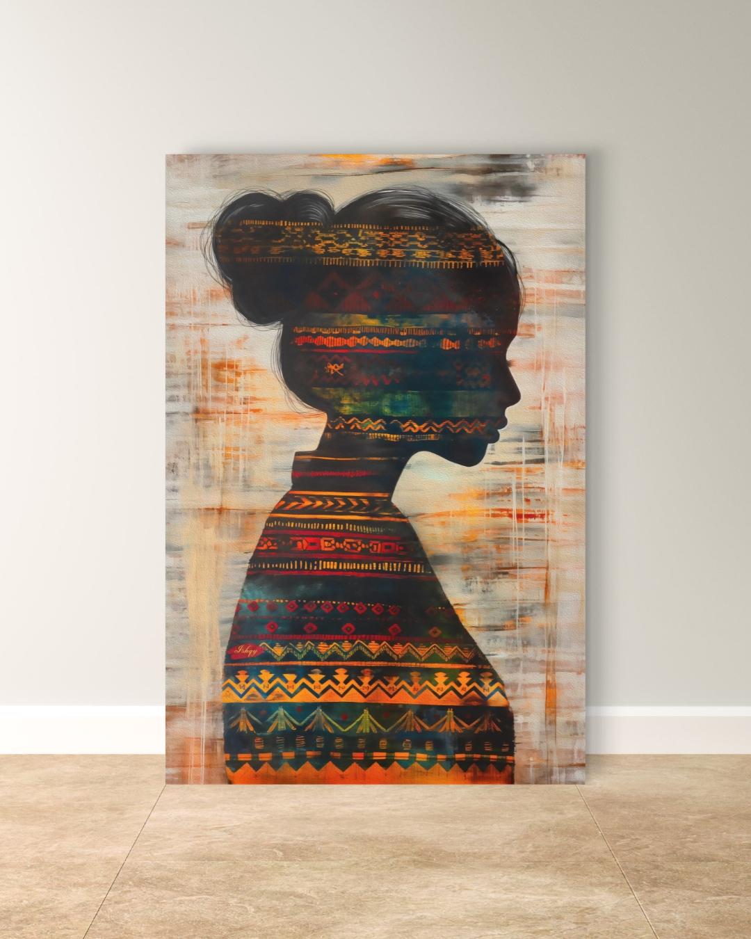 Herencia | Colombian Woman Silhouette Wall Art Canvas Print | IshqyBusiness.Herencia Colombian woman silhouette art print with vibrant textile detail. Canvas & framed canvas painting print for living room, study, or cultural space decor.