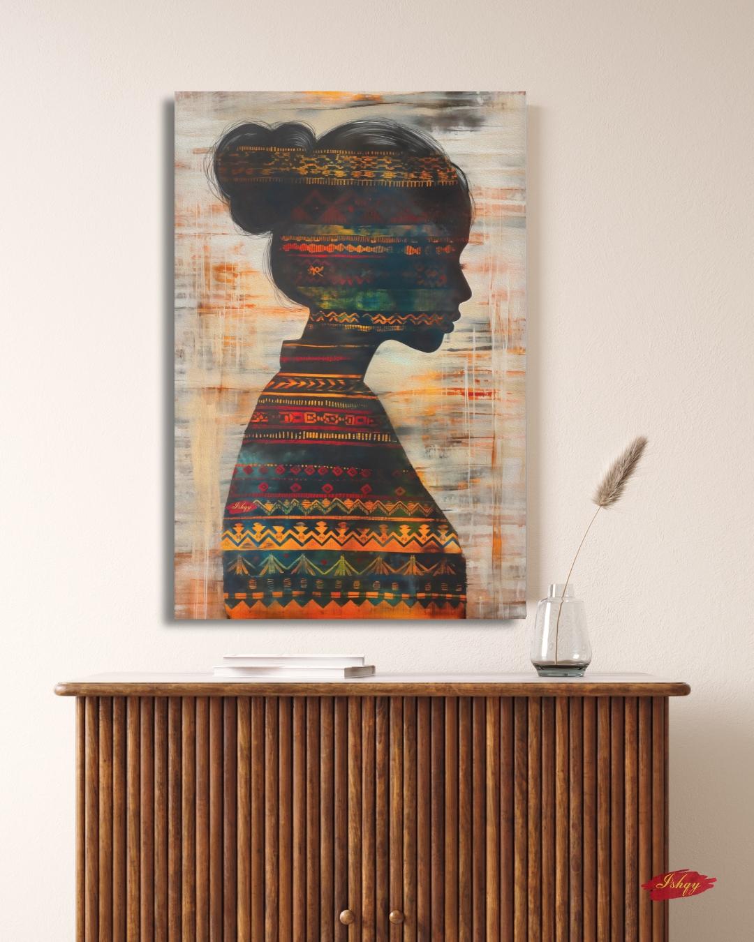 Herencia | Colombian Woman Silhouette Wall Art Canvas Print | IshqyBusiness.Herencia Colombian woman silhouette art print with vibrant textile detail. Canvas & framed canvas painting print for living room, study, or cultural space decor.