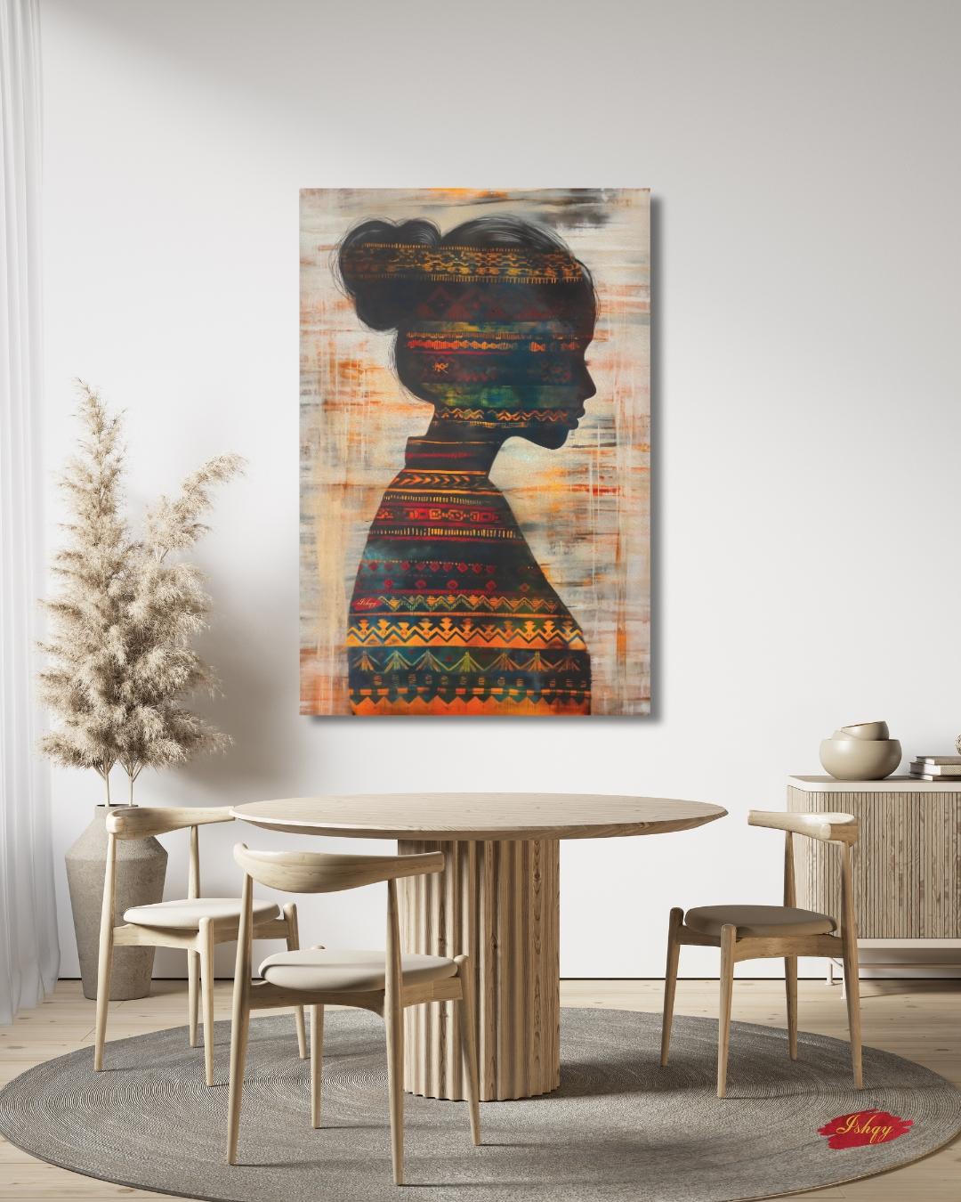 Herencia | Colombian Woman Silhouette Wall Art Canvas Print | IshqyBusiness.Herencia Colombian woman silhouette art print with vibrant textile detail. Canvas & framed canvas painting print for living room, study, or cultural space decor.