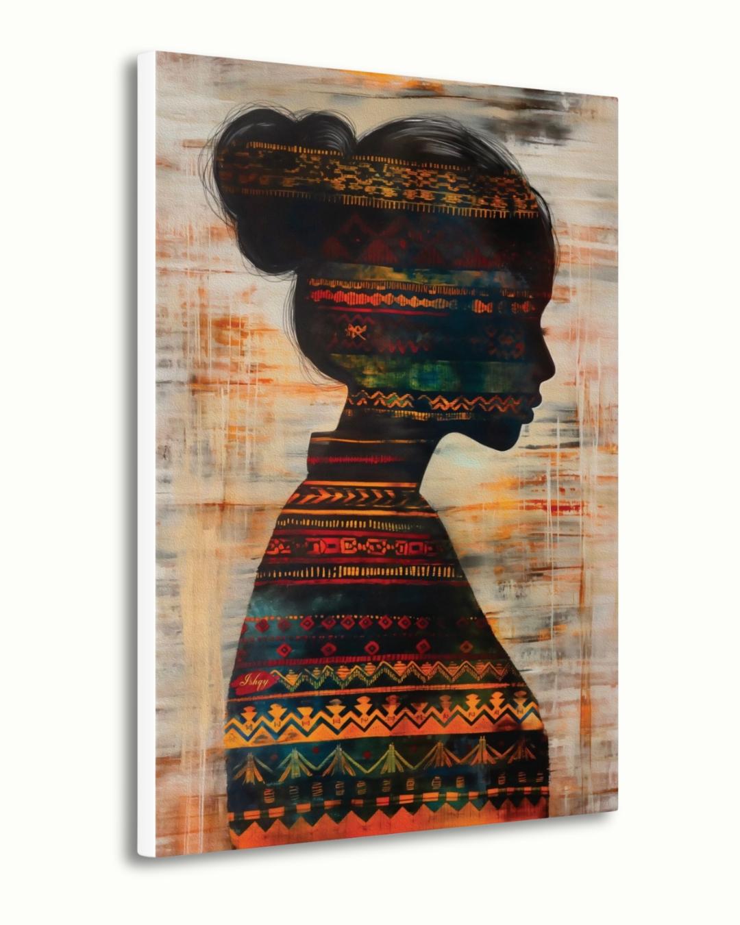 Herencia | Colombian Woman Silhouette Wall Art Canvas Print | IshqyBusiness.Herencia Colombian woman silhouette art print with vibrant textile detail. Canvas & framed canvas painting print for living room, study, or cultural space decor.