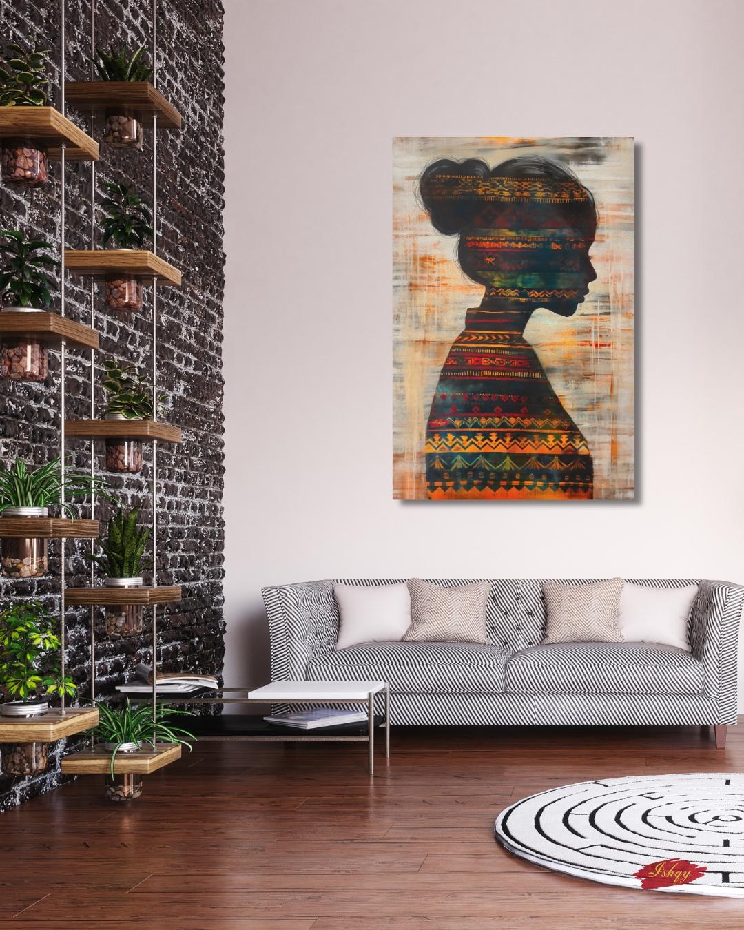 Herencia | Colombian Woman Silhouette Wall Art Canvas Print | IshqyBusiness.Herencia Colombian woman silhouette art print with vibrant textile detail. Canvas & framed canvas painting print for living room, study, or cultural space decor.