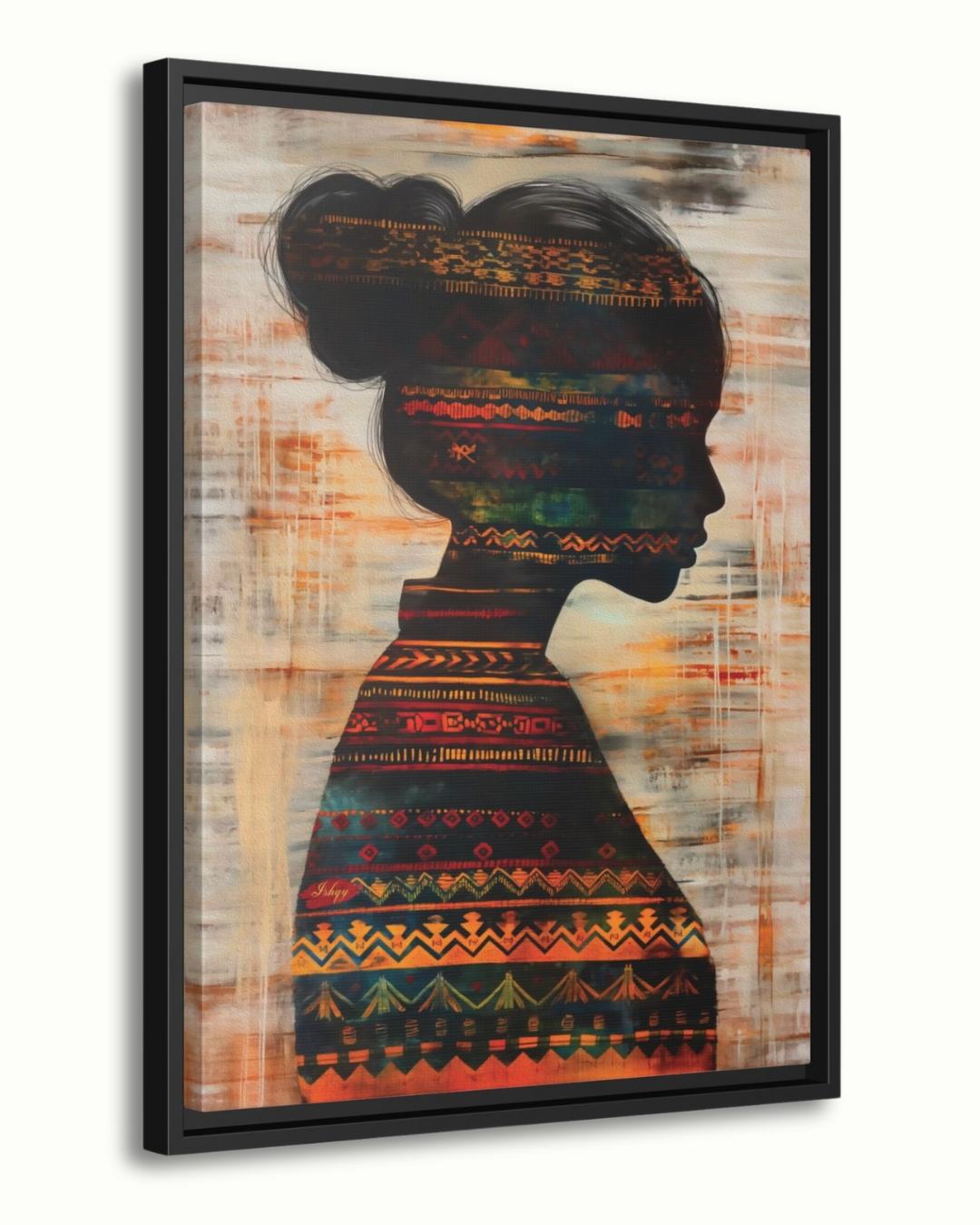 Herencia | Colombian Woman Silhouette Wall Art Canvas Print | IshqyBusiness.Herencia Colombian woman silhouette art print with vibrant textile detail. Canvas & framed canvas painting print for living room, study, or cultural space decor.
