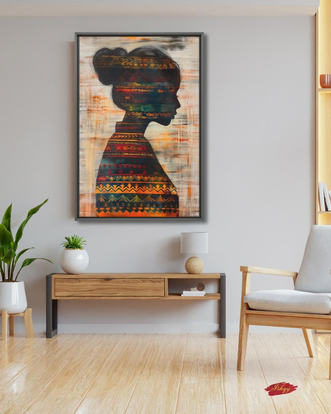 Herencia | Colombian Woman Silhouette Wall Art Canvas Print | IshqyBusiness.Herencia Colombian woman silhouette art print with vibrant textile detail. Canvas & framed canvas painting print for living room, study, or cultural space decor.