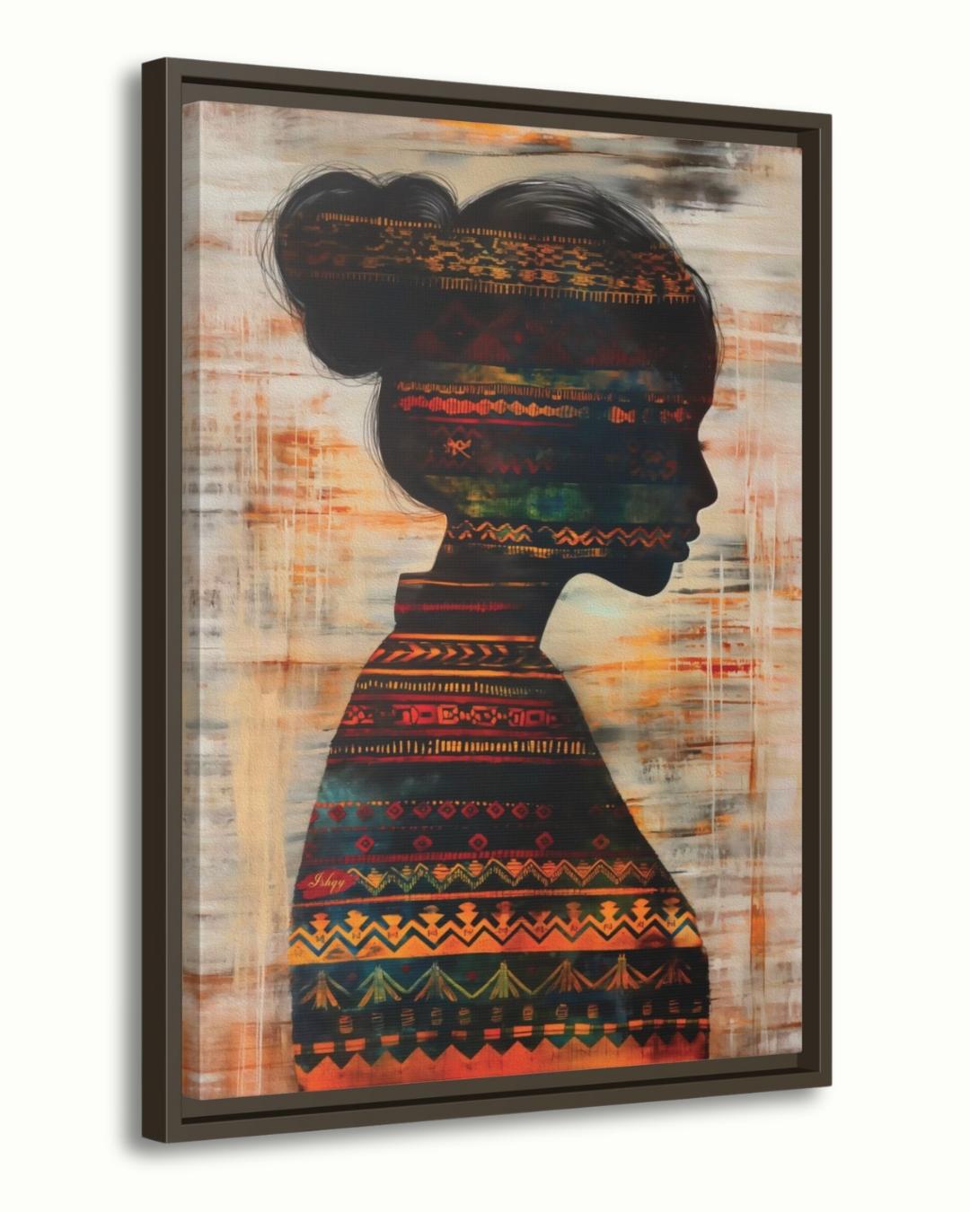 Herencia | Colombian Woman Silhouette Wall Art Canvas Print | IshqyBusiness.Herencia Colombian woman silhouette art print with vibrant textile detail. Canvas & framed canvas painting print for living room, study, or cultural space decor.