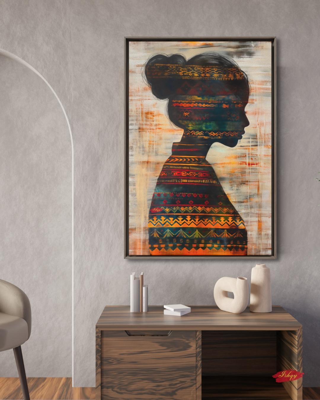 Herencia | Colombian Woman Silhouette Wall Art Canvas Print | IshqyBusiness.Herencia Colombian woman silhouette art print with vibrant textile detail. Canvas & framed canvas painting print for living room, study, or cultural space decor.