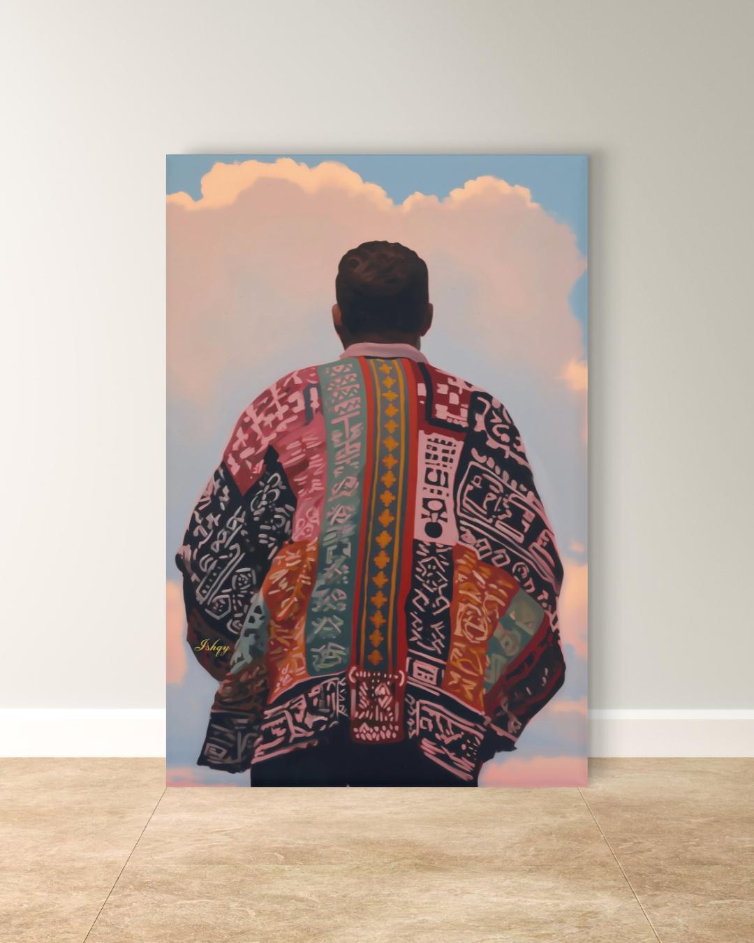 Panamanian Man Portrait Wall Art Print, Canvas, Framed Canvas, Panama Textile Back View Painting, Latin American Boho Cultural Decor for Living Room