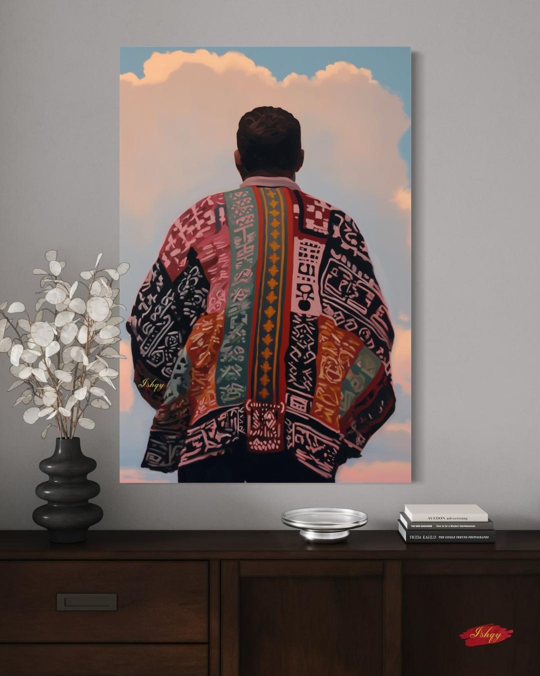 Panamanian Man Portrait Wall Art Print, Canvas, Framed Canvas, Panama Textile Back View Painting, Latin American Boho Cultural Decor for Living Room