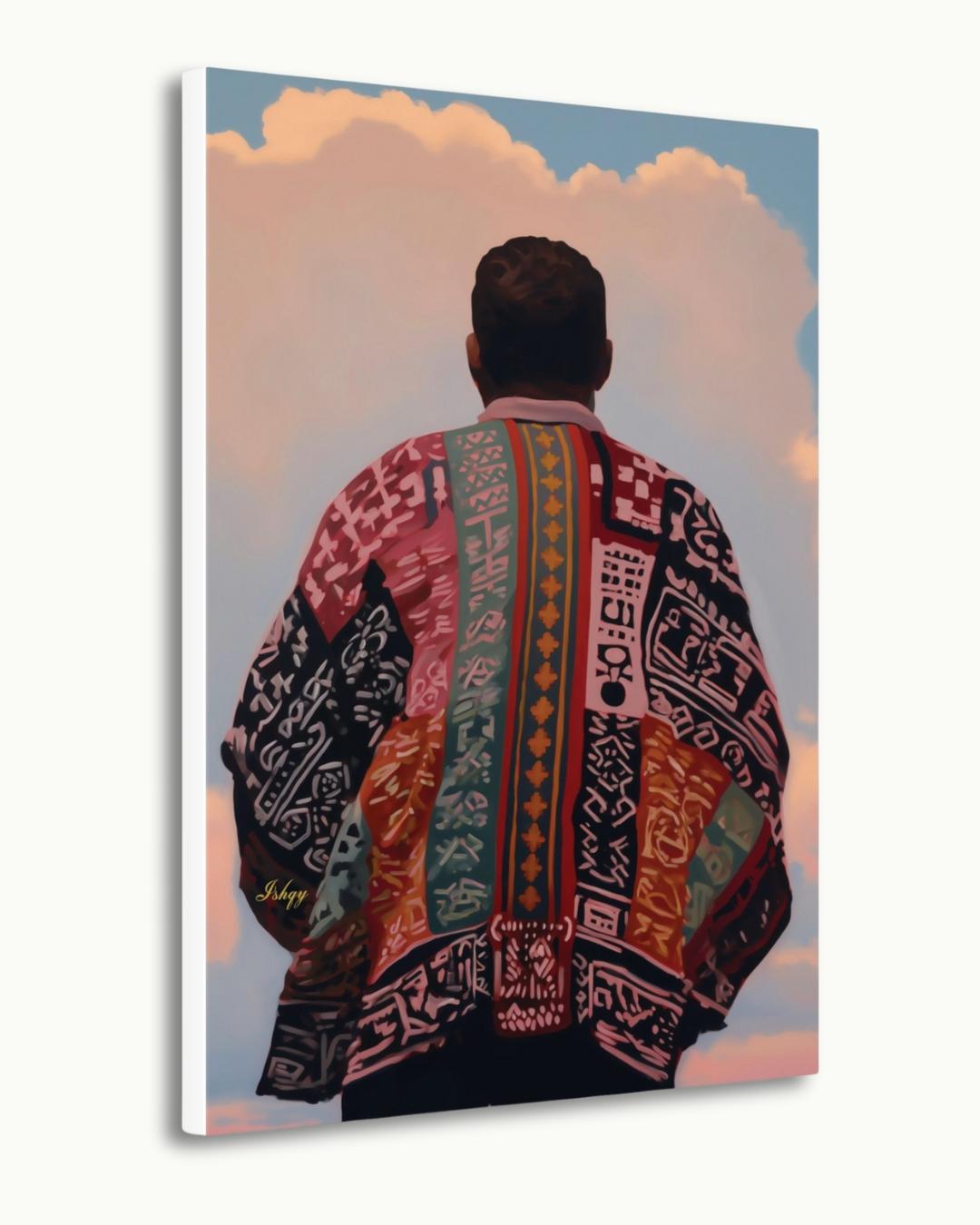 Panamanian Man Portrait Wall Art Print, Canvas, Framed Canvas, Panama Textile Back View Painting, Latin American Boho Cultural Decor for Living Room