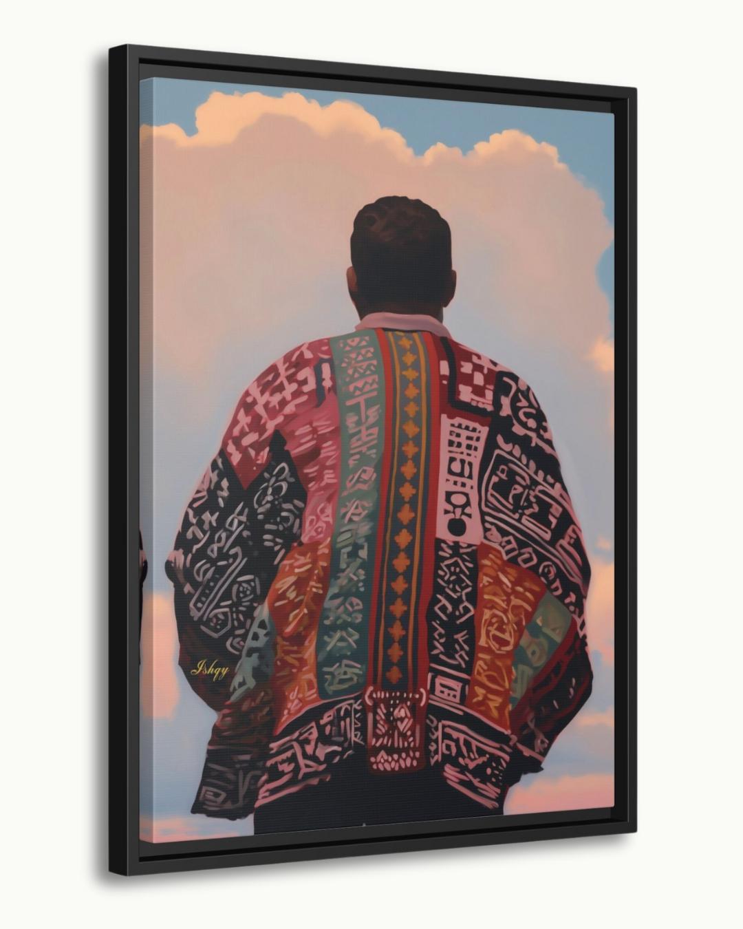 Panamanian Man Portrait Wall Art Print, Canvas, Framed Canvas, Panama Textile Back View Painting, Latin American Boho Cultural Decor for Living Room