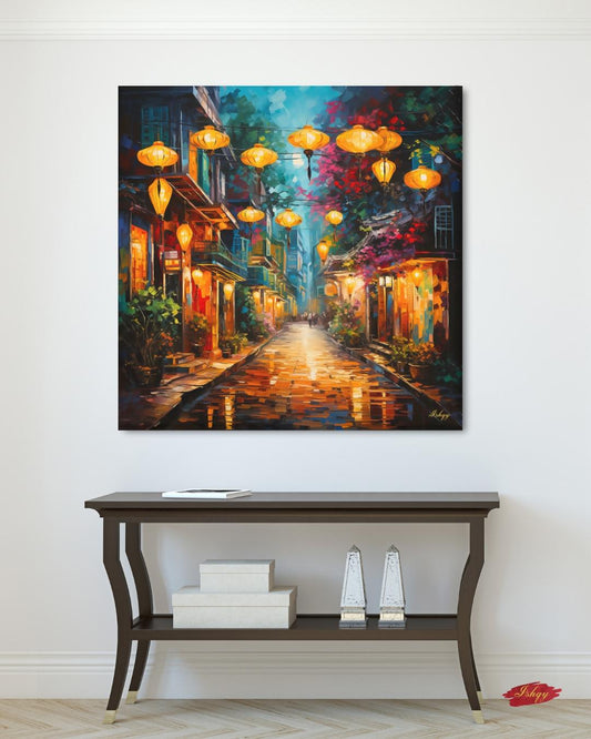 Hoi An Vietnam Wall Art Print with Lanterns, Vibrant Street Scene Canvas or Framed Decor, Vietnamese Town Painting for Home or Office