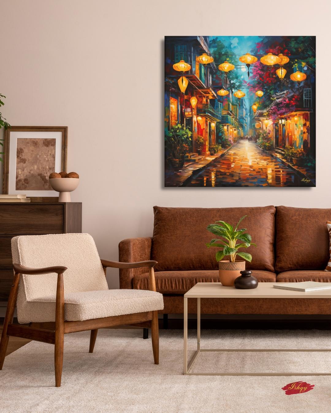 Hoi An Vietnam Wall Art Print with Lanterns, Vibrant Street Scene Canvas or Framed Decor, Vietnamese Town Painting for Home or Office