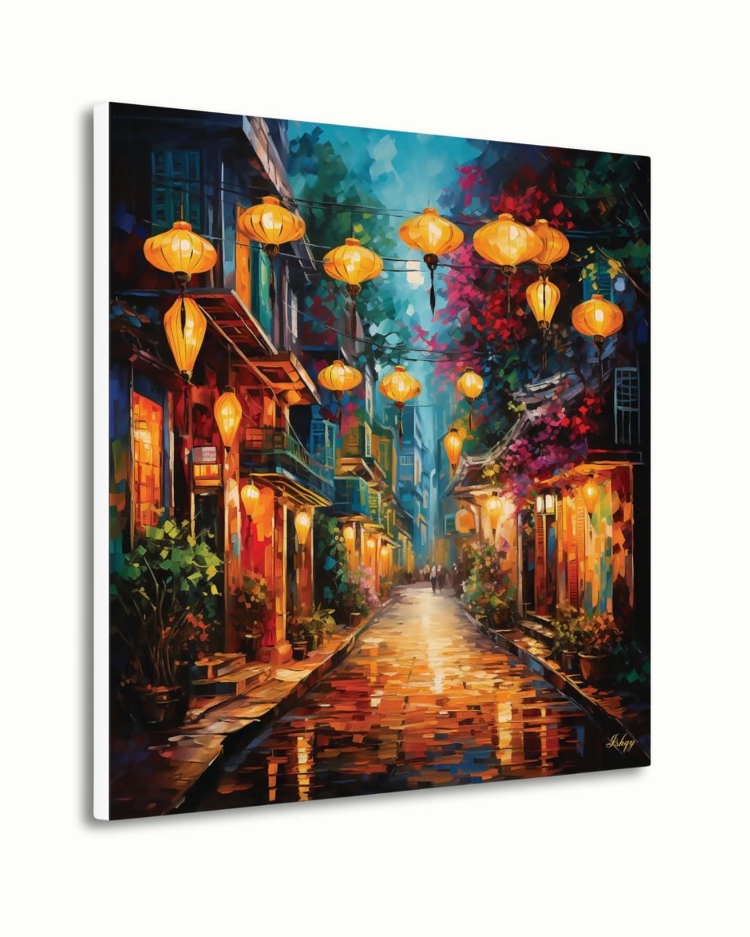 Hoi An Vietnam Wall Art Print with Lanterns, Vibrant Street Scene Canvas or Framed Decor, Vietnamese Town Painting for Home or Office