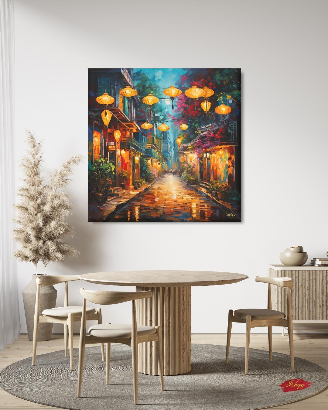 Hoi An Vietnam Wall Art Print with Lanterns, Vibrant Street Scene Canvas or Framed Decor, Vietnamese Town Painting for Home or Office