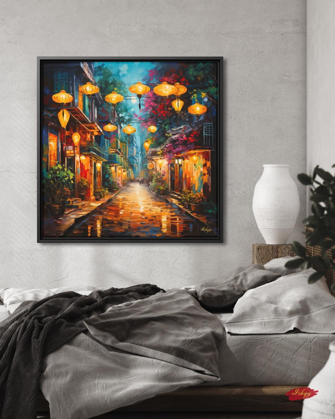 Hoi An Vietnam Wall Art Print with Lanterns, Vibrant Street Scene Canvas or Framed Decor, Vietnamese Town Painting for Home or Office