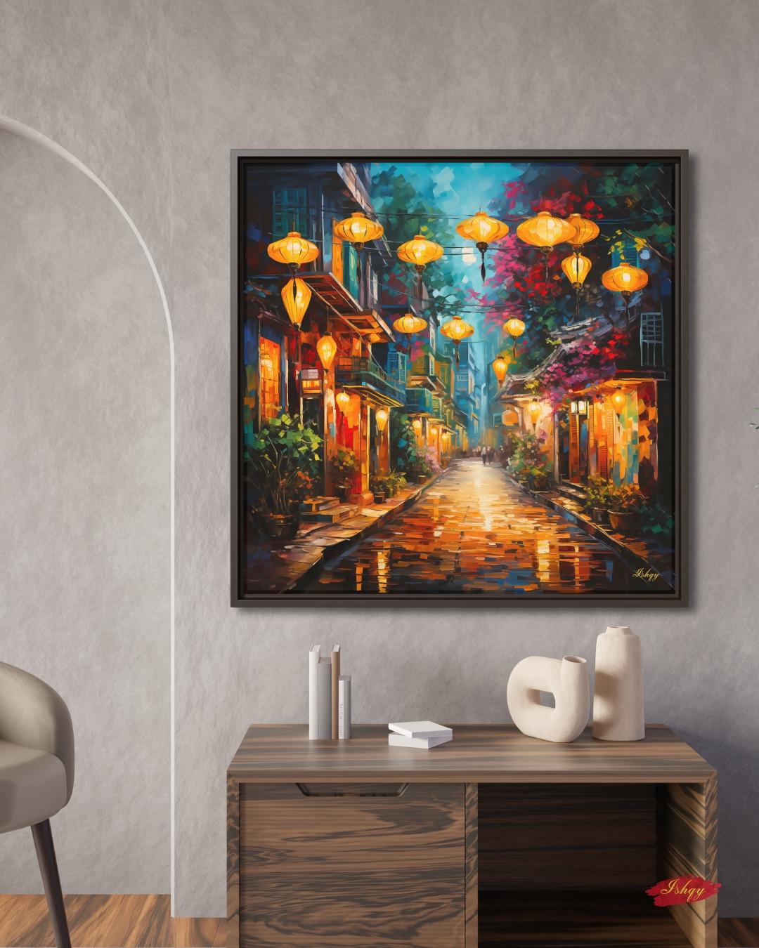 Hoi An Vietnam Wall Art Print with Lanterns, Vibrant Street Scene Canvas or Framed Decor, Vietnamese Town Painting for Home or Office