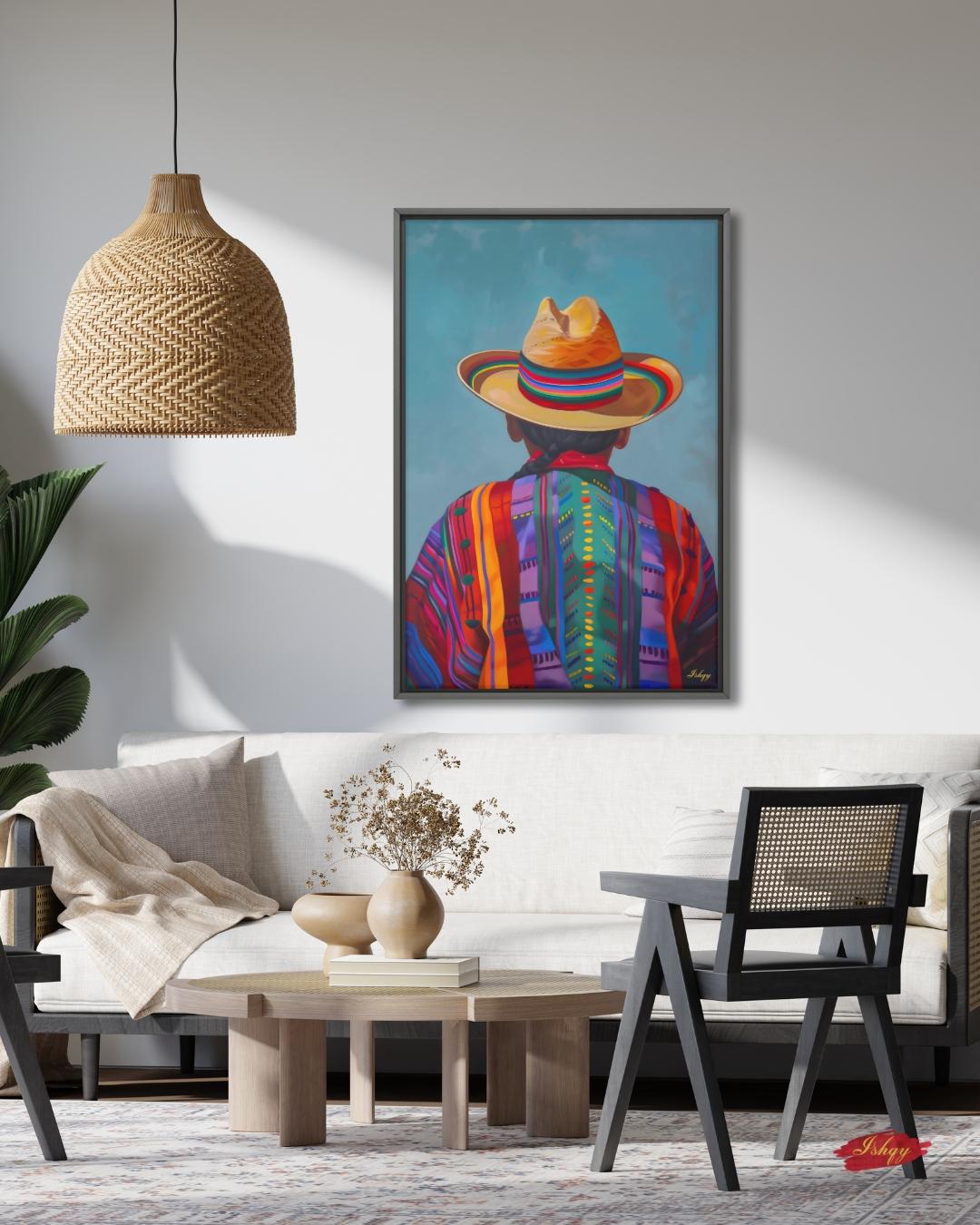 Huaso de Chile Back View Portrait Wall Art Print, Andean Poncho & Chupalla Hat Canvas, Colorful Latin American Decor for Living Room Artwork