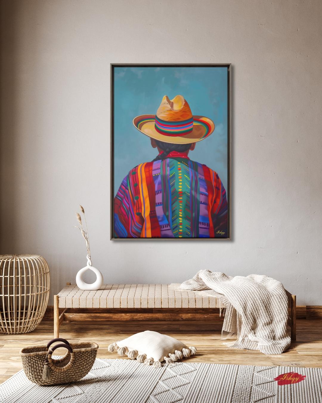 Huaso de Chile Back View Portrait Wall Art Print, Andean Poncho & Chupalla Hat Canvas, Colorful Latin American Decor for Living Room Artwork