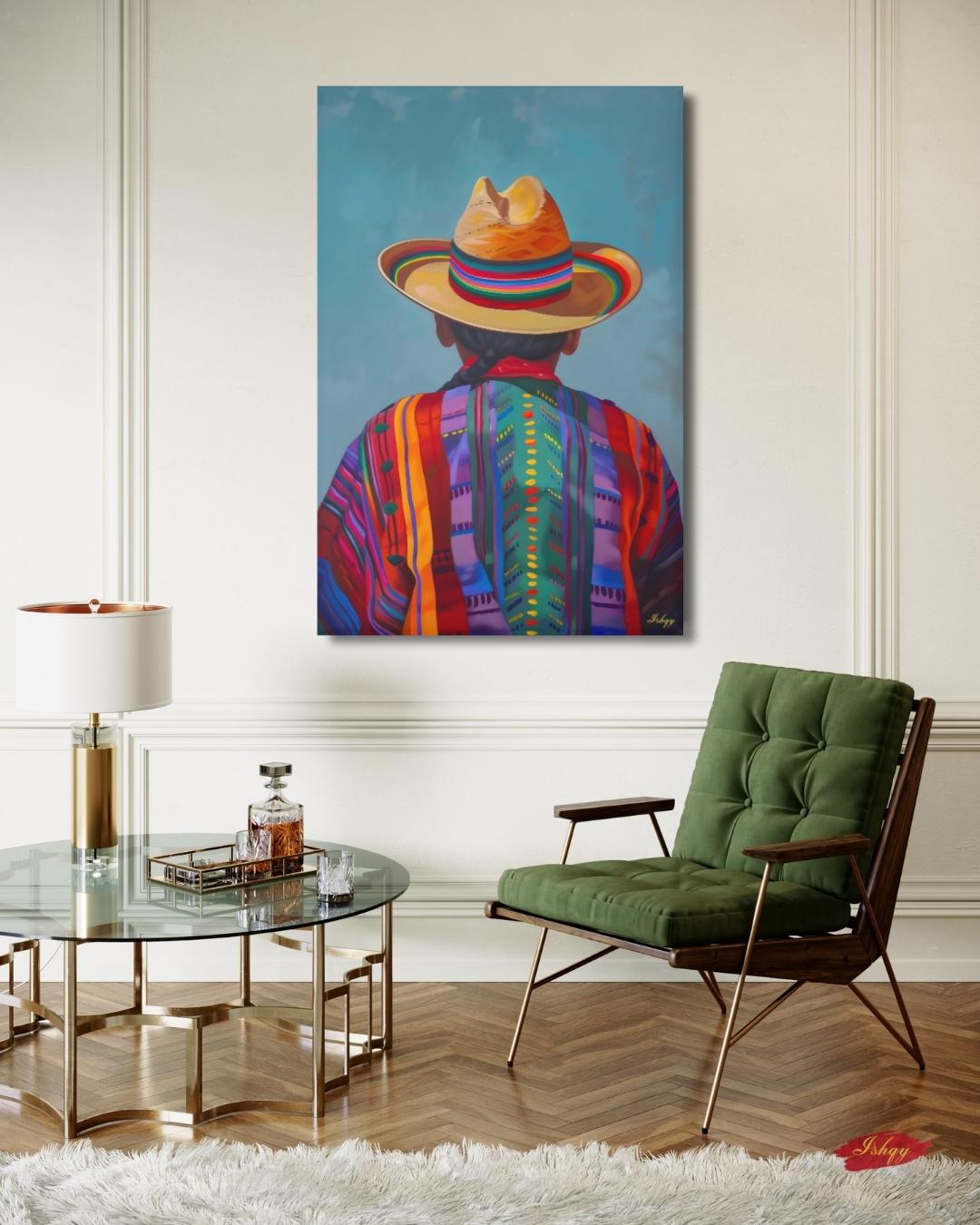 Huaso de Chile Back View Portrait Wall Art Print, Andean Poncho & Chupalla Hat Canvas, Colorful Latin American Decor for Living Room Artwork