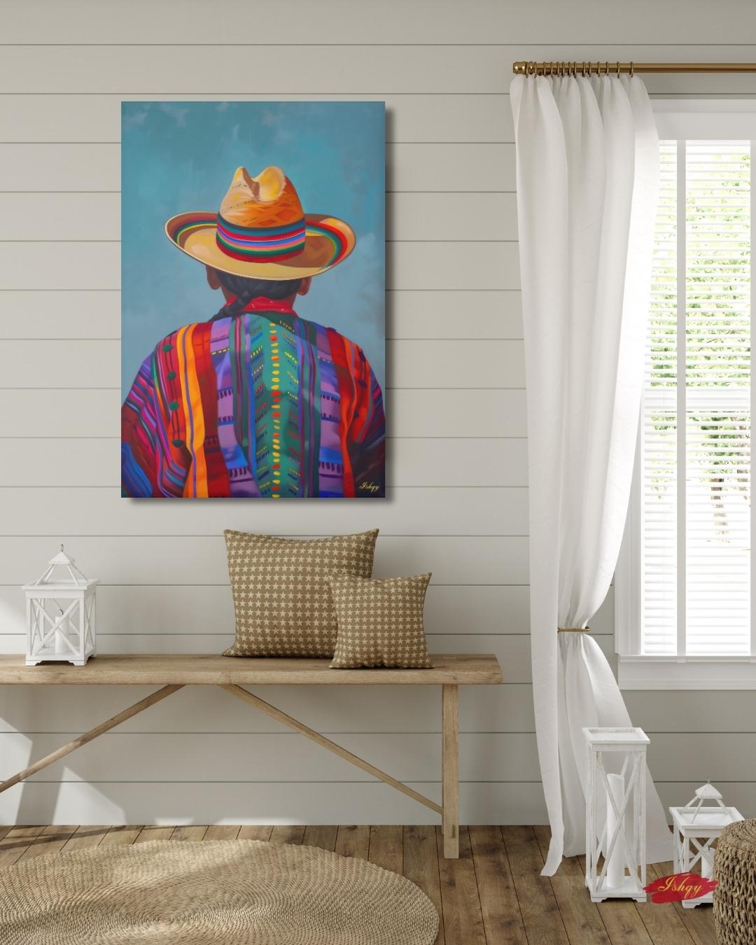 Huaso de Chile Back View Portrait Wall Art Print, Andean Poncho & Chupalla Hat Canvas, Colorful Latin American Decor for Living Room Artwork