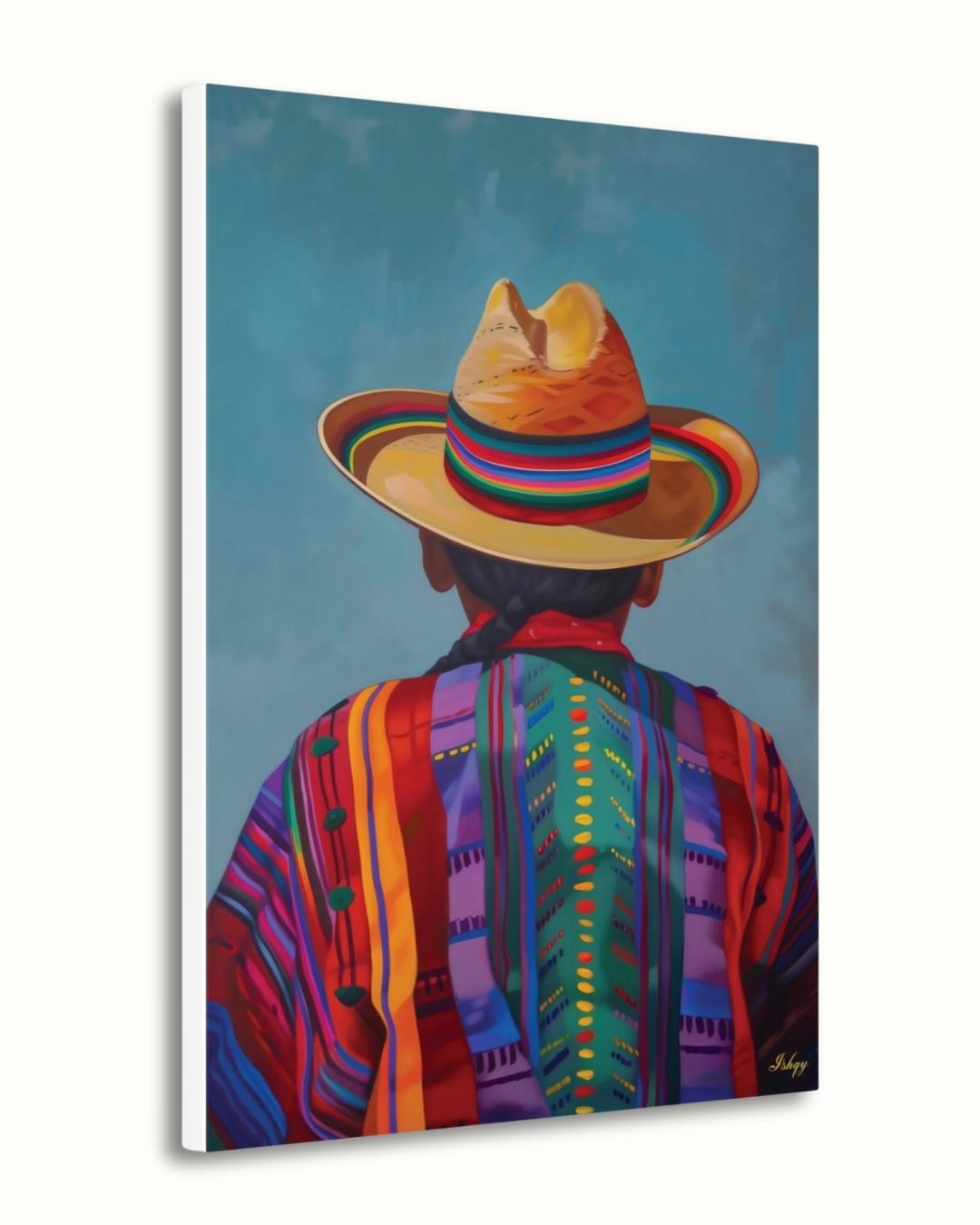 Huaso de Chile Back View Portrait Wall Art Print, Andean Poncho & Chupalla Hat Canvas, Colorful Latin American Decor for Living Room Artwork