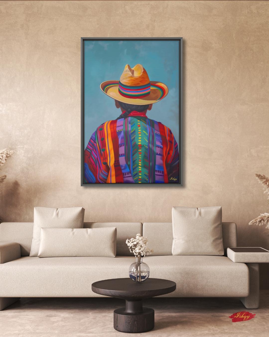 Huaso de Chile Back View Portrait Wall Art Print, Andean Poncho & Chupalla Hat Canvas, Colorful Latin American Decor for Living Room Artwork