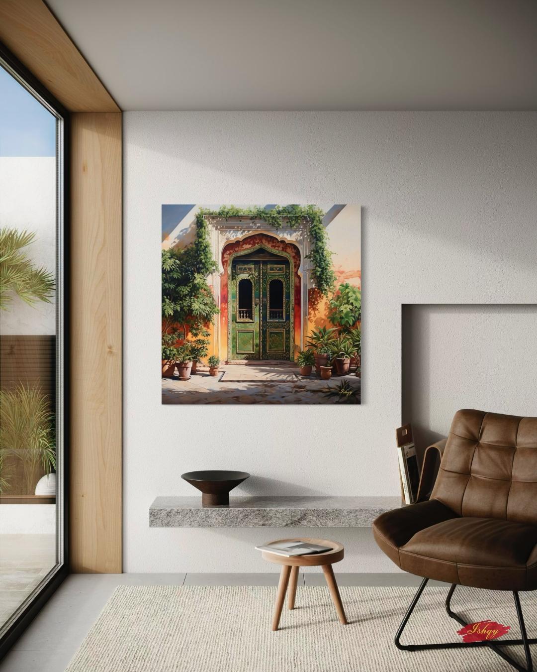 Jaipur Rajasthan Palace Door Wall Art Print, Canvas, Framed Canvas, Green Indian Doorway Painting, Boho Entryway Decor for Living Room