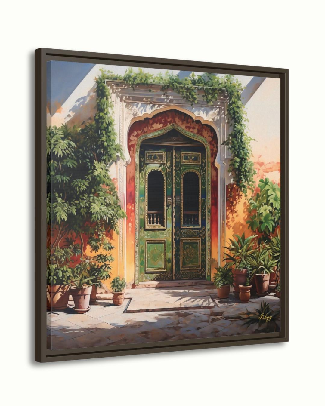 Jaipur Rajasthan Palace Door Wall Art Print, Canvas, Framed Canvas, Green Indian Doorway Painting, Boho Entryway Decor for Living Room