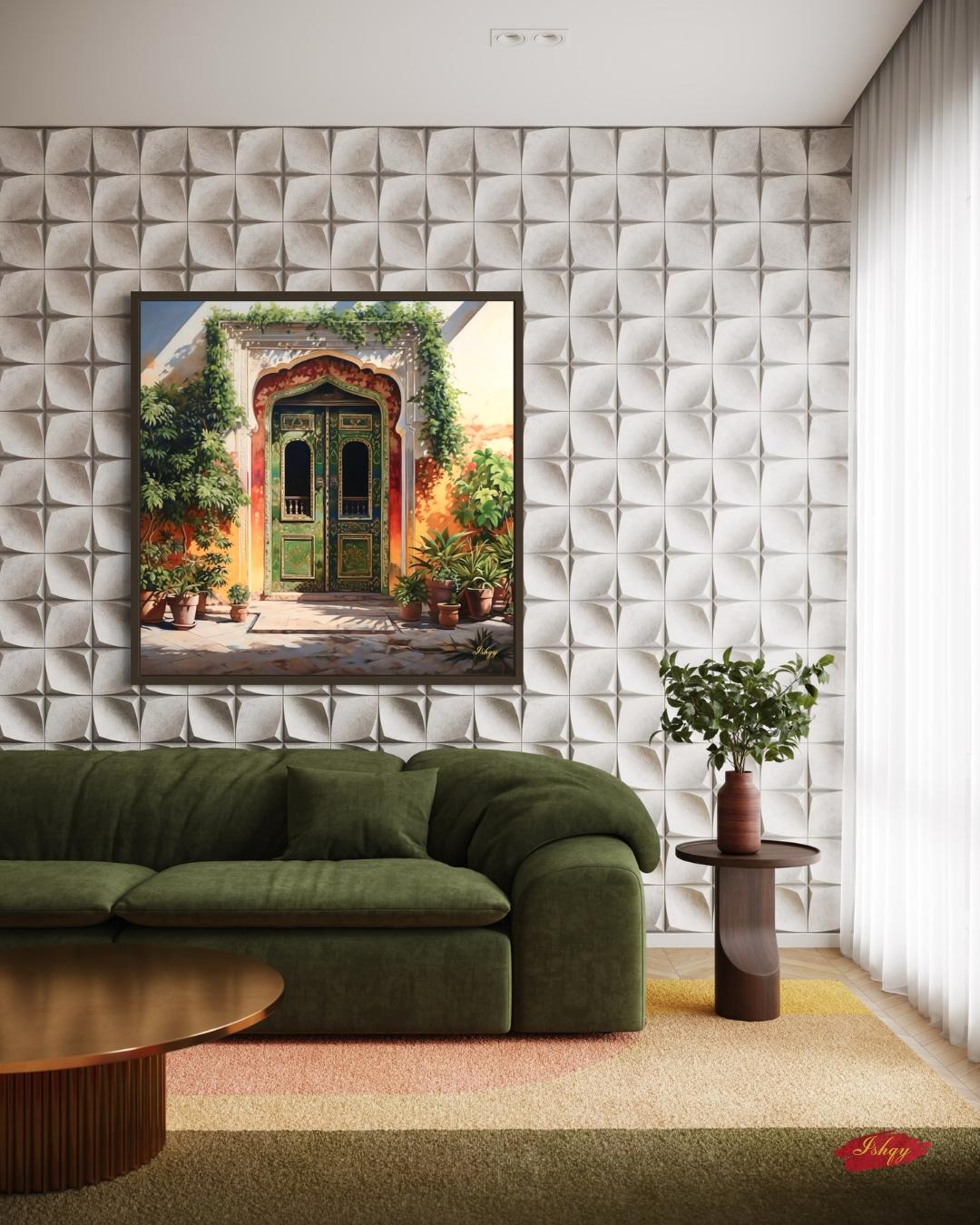 Jaipur Rajasthan Palace Door Wall Art Print, Canvas, Framed Canvas, Green Indian Doorway Painting, Boho Entryway Decor for Living Room