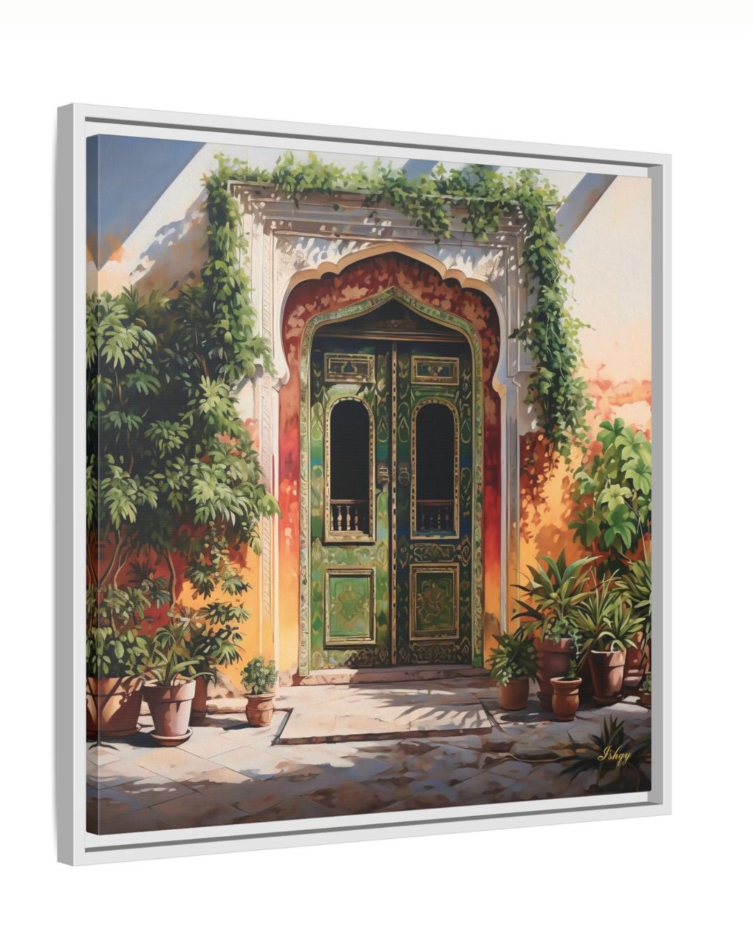 Jaipur Rajasthan Palace Door Wall Art Print, Canvas, Framed Canvas, Green Indian Doorway Painting, Boho Entryway Decor for Living Room