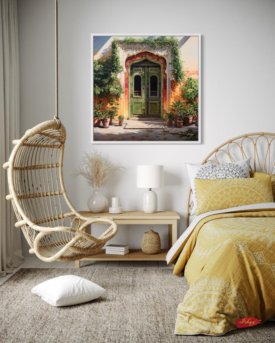 Jaipur Rajasthan Palace Door Wall Art Print, Canvas, Framed Canvas, Green Indian Doorway Painting, Boho Entryway Decor for Living Room