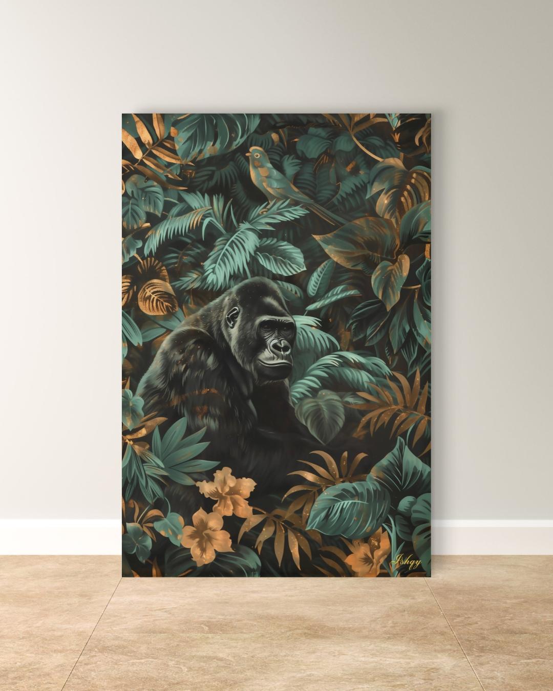 Gorilla Jungle Painting Canvas Framed Canvas, Tropical Rainforest Wildlife Art Print, Botanical Wall Art For Living Room Large Bedroom Decor