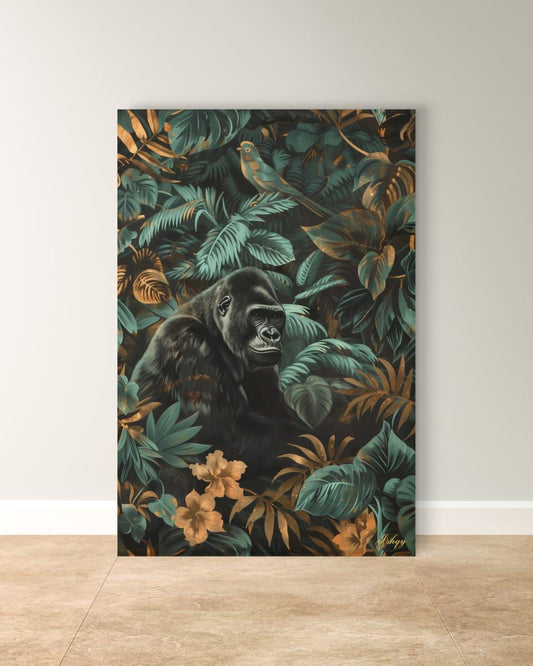Gorilla Jungle Painting Canvas Framed Canvas, Tropical Rainforest Wildlife Art Print, Botanical Wall Art For Living Room Large Bedroom Decor