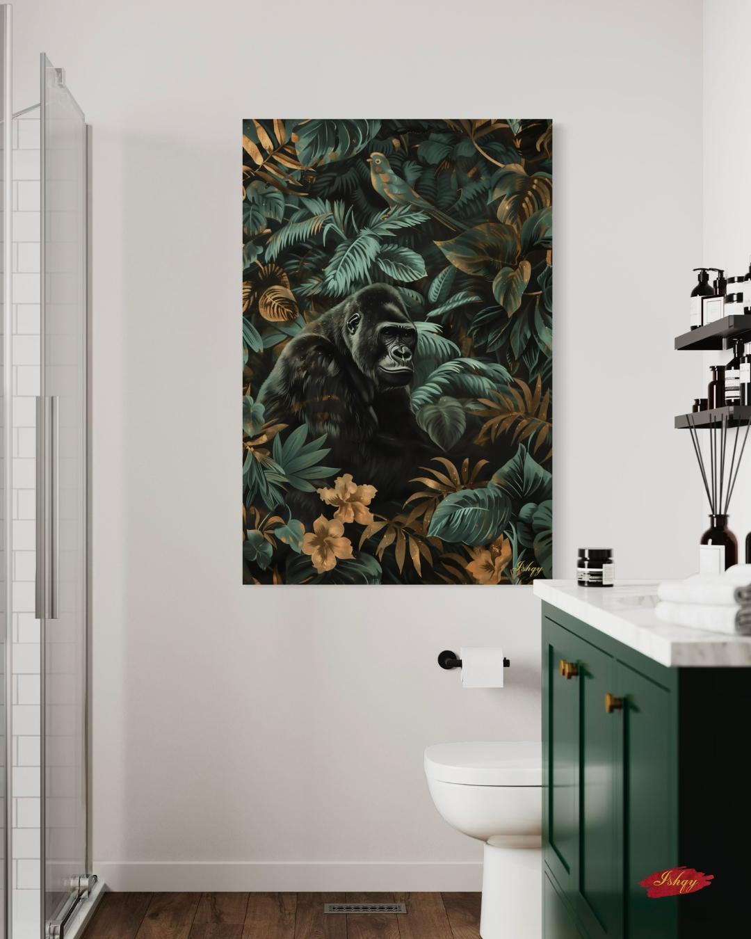 Gorilla Jungle Painting Canvas Framed Canvas, Tropical Rainforest Wildlife Art Print, Botanical Wall Art For Living Room Large Bedroom Decor