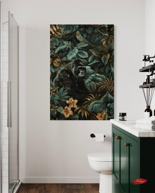 Gorilla Jungle Painting Canvas Framed Canvas, Tropical Rainforest Wildlife Art Print, Botanical Wall Art For Living Room Large Bedroom Decor