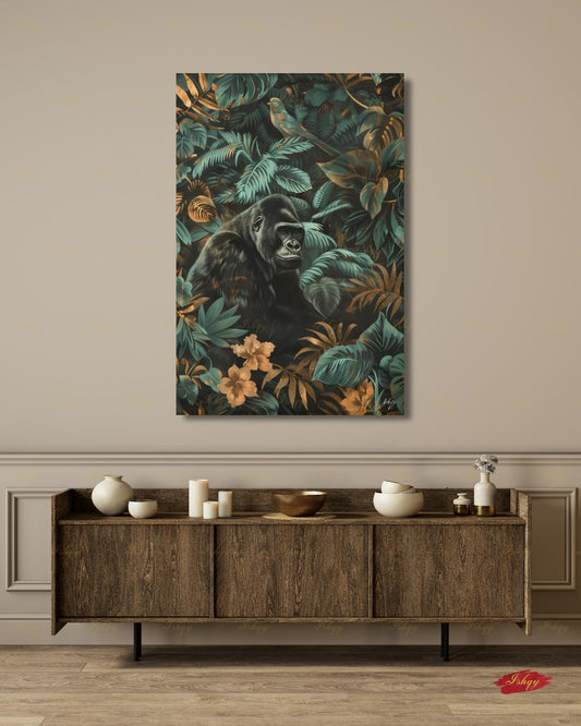Gorilla Wall Art, Dark Botanical Jungle Canvas Print, Teal Gold Animal Nature Decor, Moody Wildlife Living Room Framed Canvas Gift