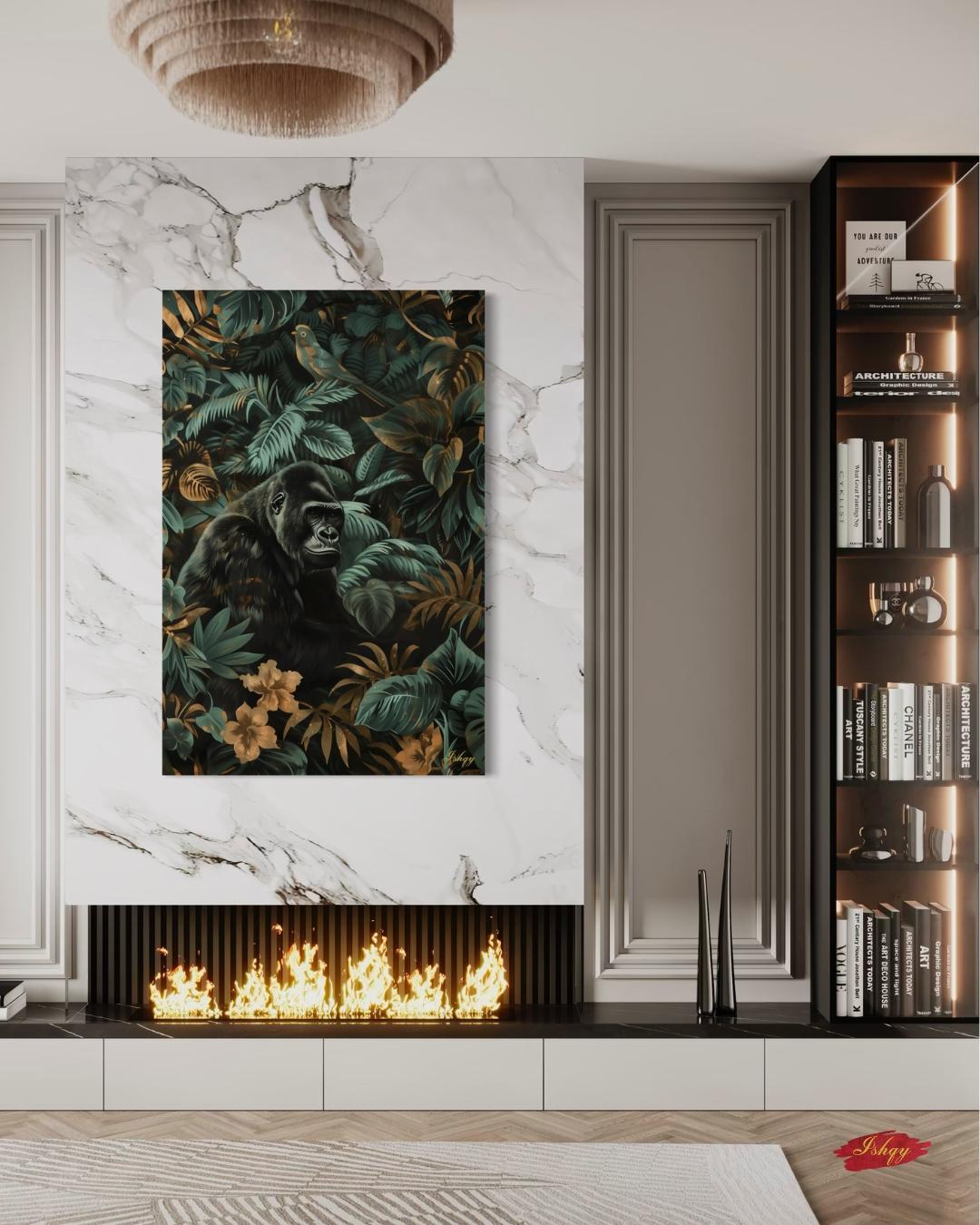 Gorilla Jungle Painting Canvas Framed Canvas, Tropical Rainforest Wildlife Art Print, Botanical Wall Art For Living Room Large Bedroom Decor